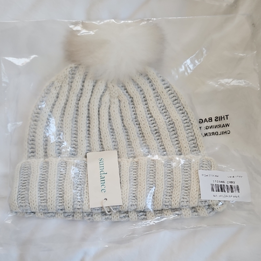 Sundance Cream Colored Knit Beanie with Pom-Pom